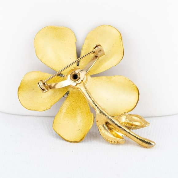 Vintage Flower Brooch Mustard Yellow Brown Gold Tone Metal Stem Leaves Brooch - Picture 2 of 6